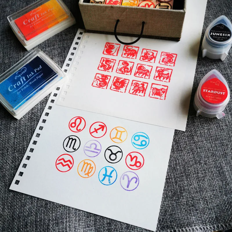 DIY Twelve Zodiac Seals Twelve Constellations Wooden Seals Gifts Calligraphy Seals Stamping Ink Pad Toy