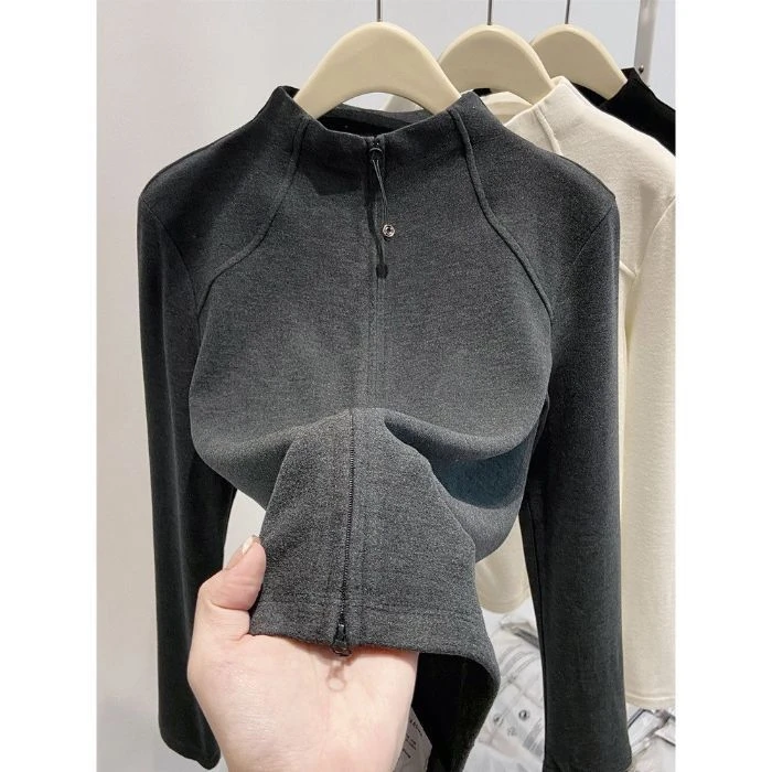 2026 Simple Casual Half-Neck Long-Sleeved T-shirt for Women - Fall/Winter Double Zipper Tight-Fitting Base Layer Top Coat