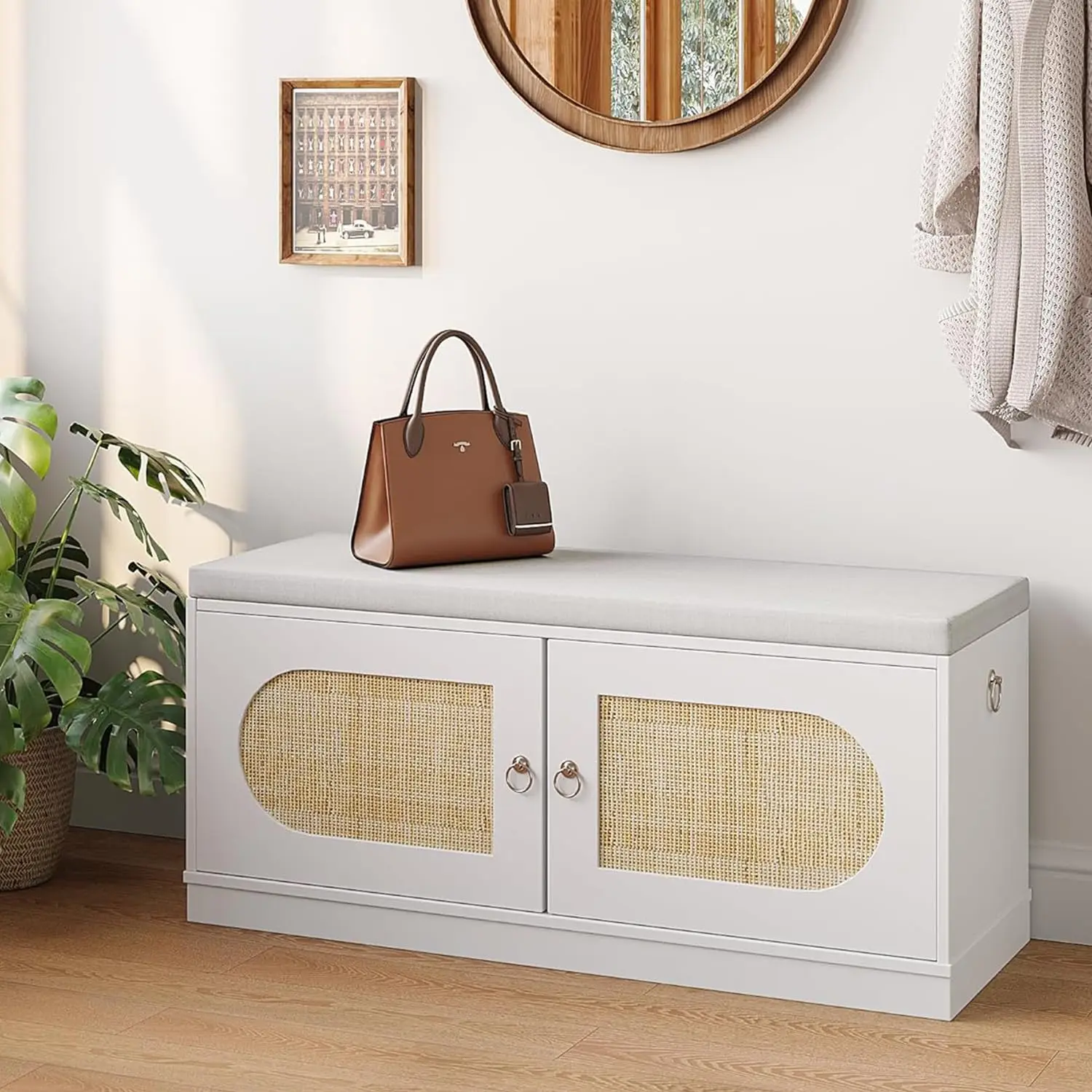 

Двухуровневая скамья для хранения обуви из ротанга, 39,4 дюйма в ширину, с мягким сиденьем, для прихожей, с ручками, 2 штуки, на заказ