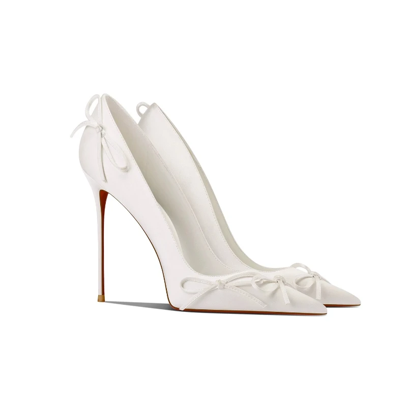 New Xiaoxiangfeng White Shallow Mouth High Heels for Women, Pointed and Fine Heels, Butterfly Knot, Non tiring Single Shoes