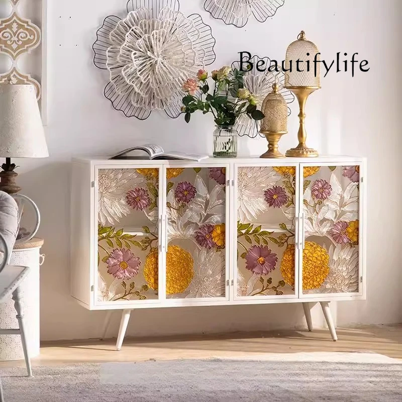 

American retro light luxury shoe cabinet hand-painted enamel colored glass door home fashion floor-to-ceiling dining sidecabinet