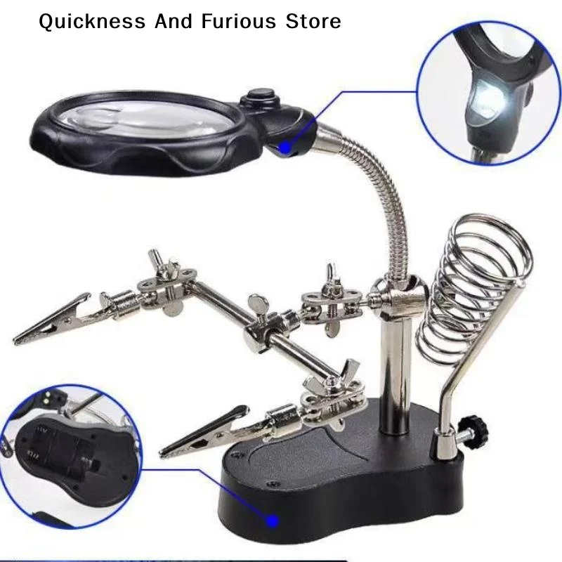 【TO】3 Hand Soldering Iron Stand Welding Tool With Magnifying Glass Illuminated LED Alligator Clip Holder Clamp Helping Repair