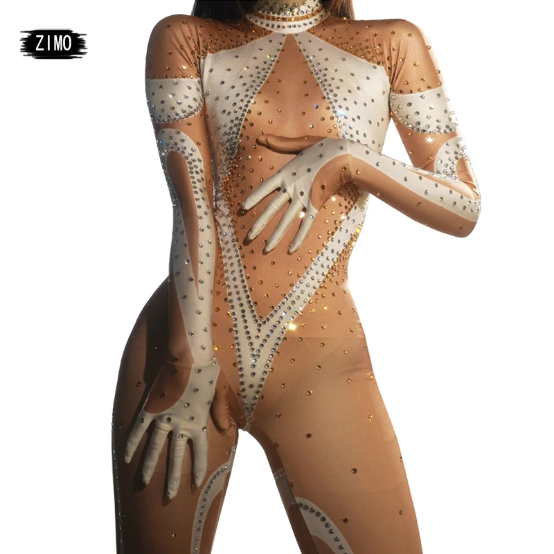 

Fashion Rhinestone White Women Sexy Bodysuit Stage Performance Club Party Birthday Drag Queen Costume Spandex Elastic Leotard