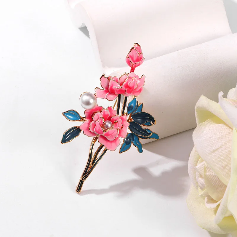 Chinese Style Purple Peony Flower Brooch For Women Dainty Plant Pearl Shiny Rhinestone Pins Party Office Wedding Corsage Jewelry