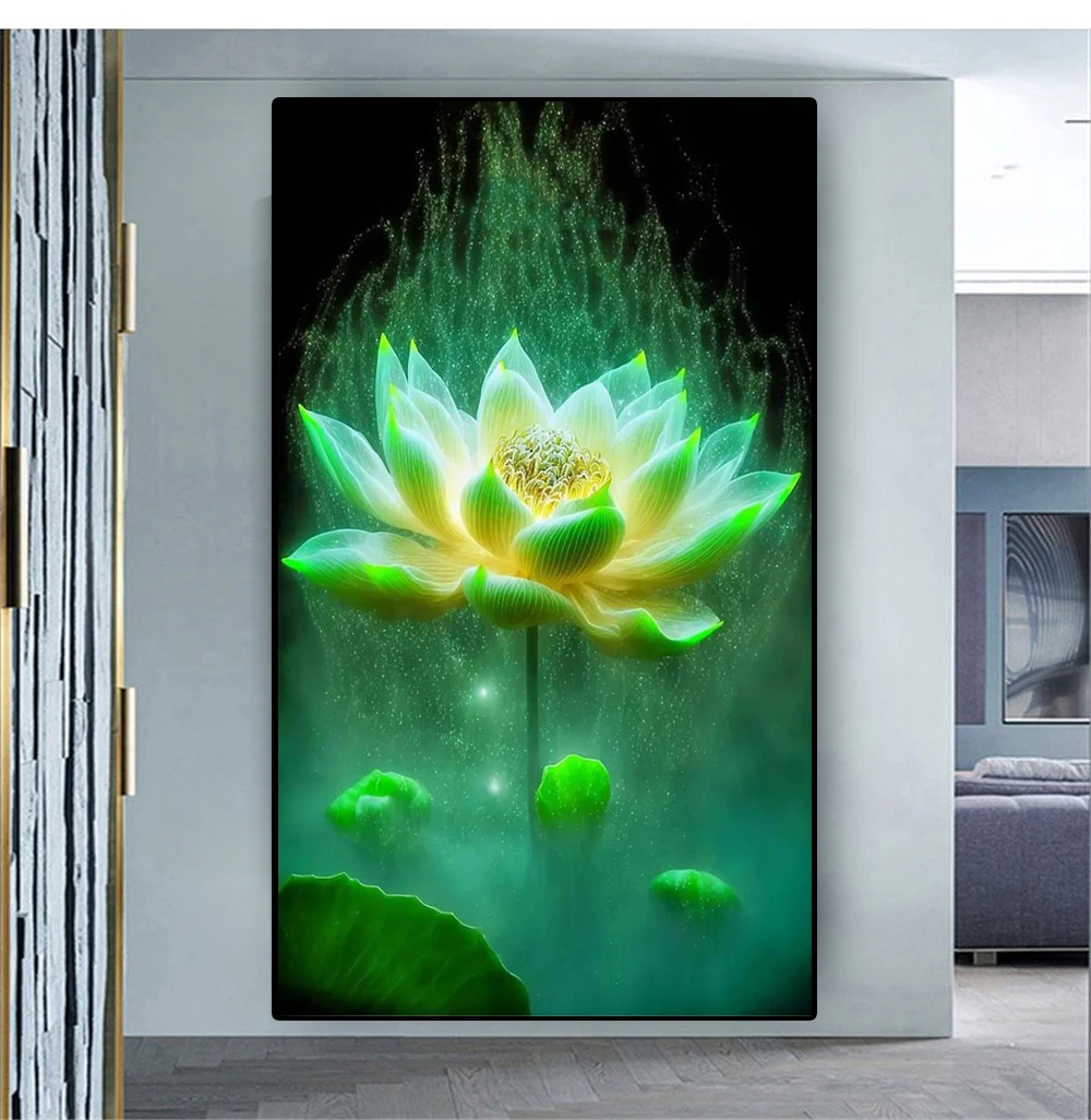 Large Diamond Painting Pond Flora Diamond Mosaic Colorful Luminous Lotus Flower Diamond Embroidery Full Drill Chinese Style A352