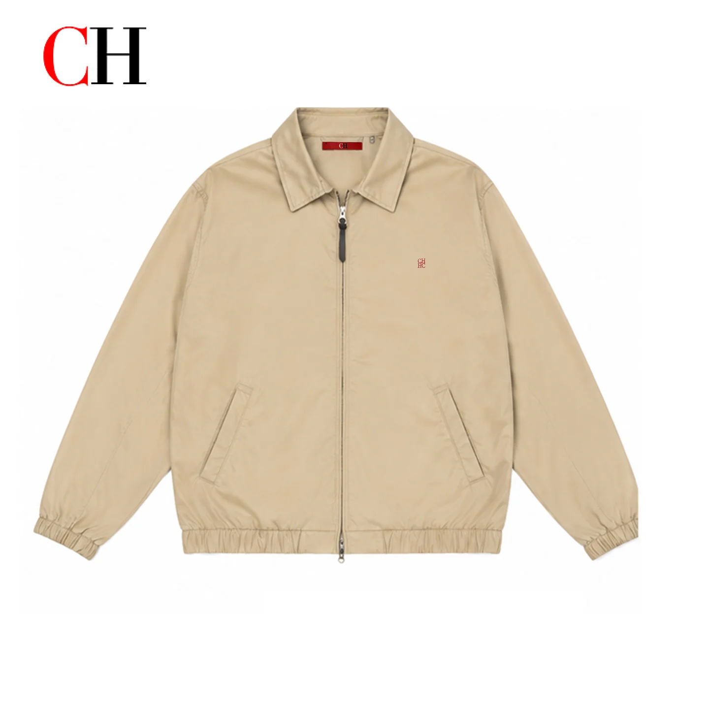 CH Mens Classic Point Collar Full Zip Subtle Chest Emblem Embroidery Elastic Hem Harrington Jacket Everyday All Match Outerwear