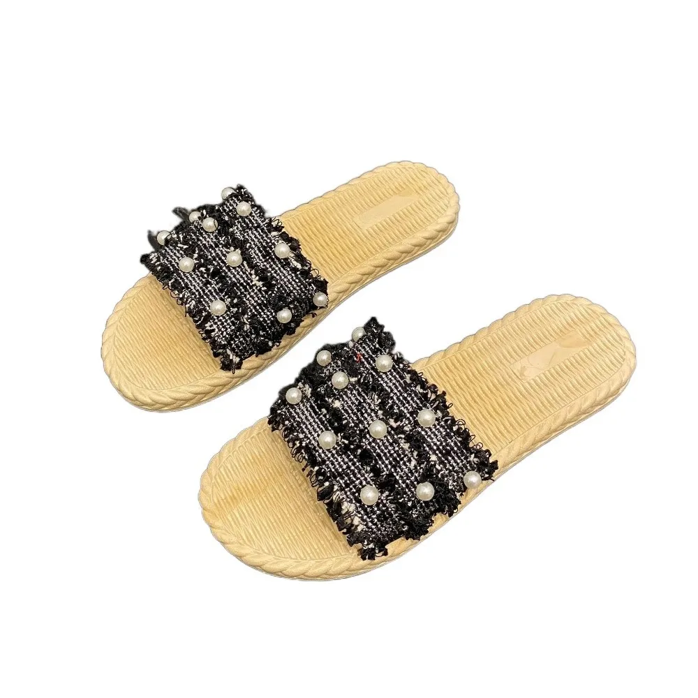 

Модные тапочки с открытым носком и жемчужной кисточкой, элегантные милые пляжные тапочки, женская обувь, нескользящие тапочки в этническом стиле для девочек
