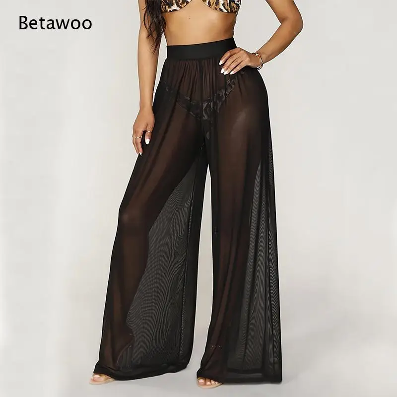Women High Waist Sheer Mesh Wide Leg Pants Side Slit Beach Cover Up Casual Lifestyle Trousers
