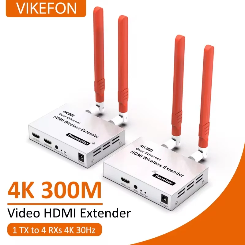 VIKEFON 4K 200M/300M 5.8GHz Wireless HDMI Transmitter Receiver Extender 1 TX-4 RX Audio Video Extender HDMI Loop-Out For TV Box