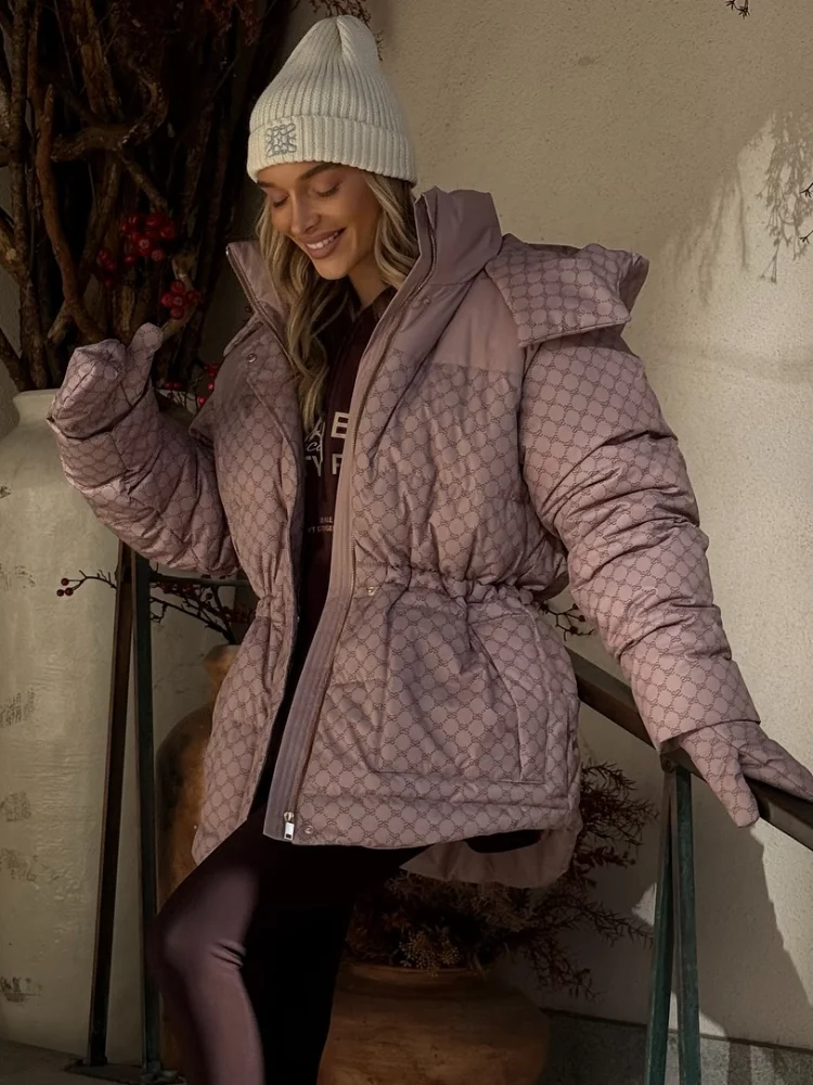 طباعة مقنعين سترة النساء الملابس الاتجاه سستة سترات منتفخة أسفل معاطف القطن تصميم 2025 خمر يندبروف الثلوج