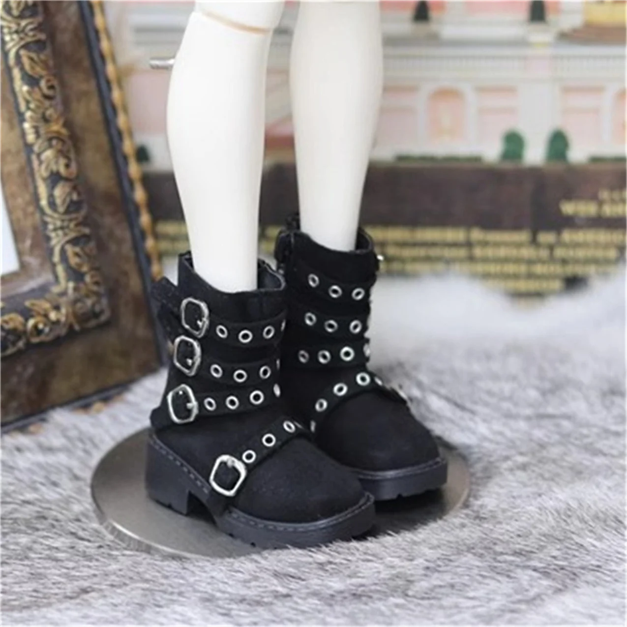 BJD Shoes 1/4 Handsome square head thick sole buckle black ankle boots BJD doll accessories