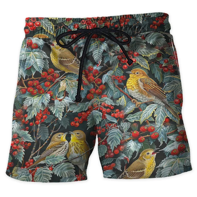 3D Printed Flower Leaf Beach Shorts For Men Bird Butterfly Chicken Pattern Short Pants Hawaiian Casual Swim Trunks Streetwear