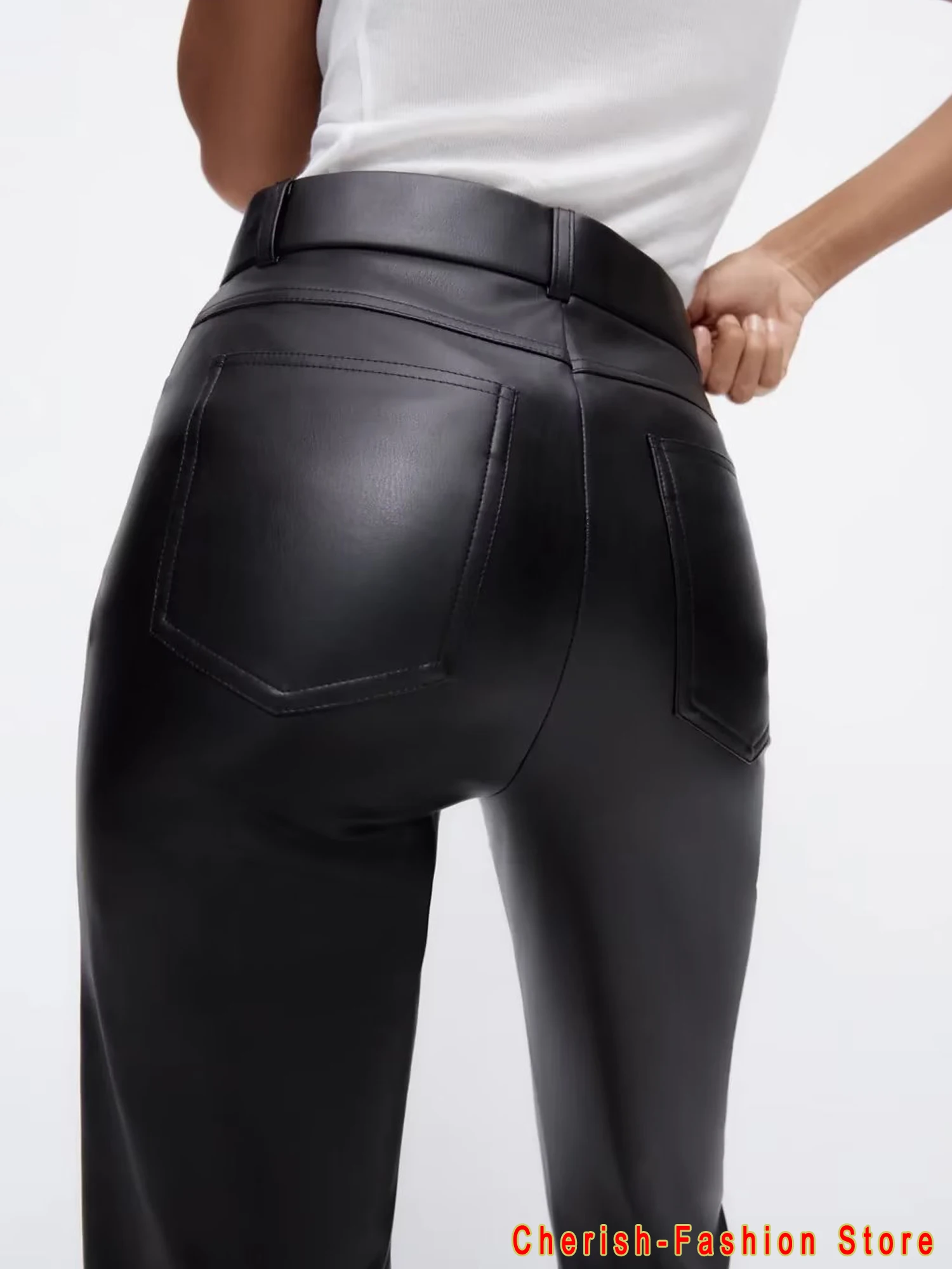 Frauen Mode Faux Leder Gerade Hosen Vintage Hohe Taille Zipper Fliegen Weibliche Hose Mujer Vintage Lose Schwarze Hose 2023