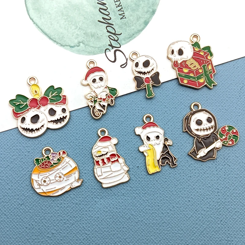 10Pcs Halloween Enamel Cartoon Christmas Skull Mummy Pumpkin Ghost Necklace Pendant Diy Jewelry Making Party Gift