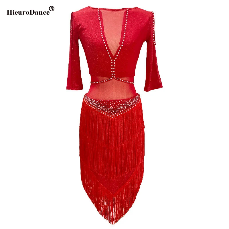 Traje latino para mujer, ropa de práctica de danza del vientre, borla de diamantes de imitación, trajes de danza Oriental, ropa de danza del vientre Oriental