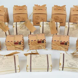 10p Mini Suitcase Candy Boxes with Rope Travel Theme Stamp Decor Kraft Paper Drawable Box Wedding Birthday Gift Packaging Supply