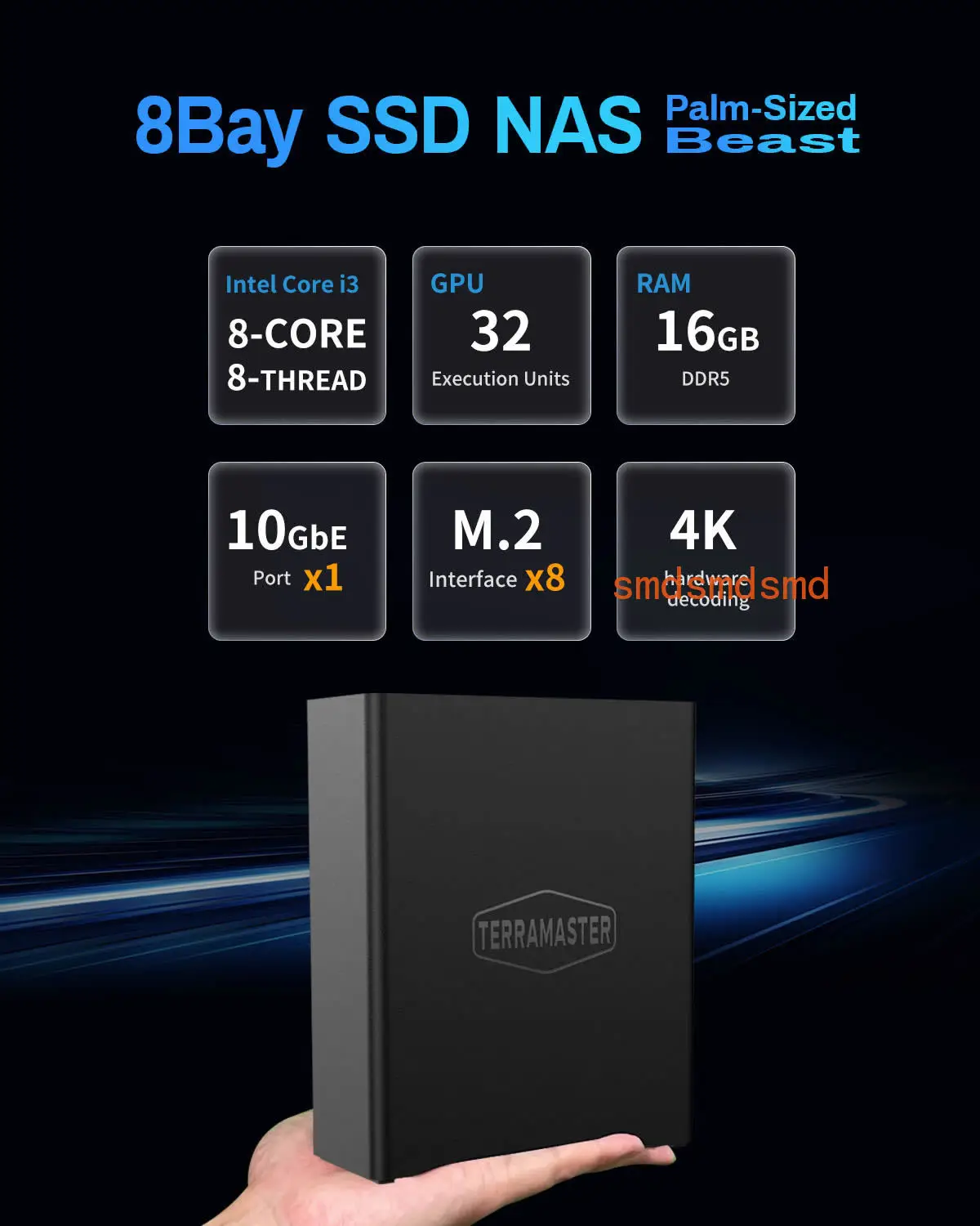 F8 SSD Plus NAS - 8Bay All SSD Core i3 8-Core 8-Thread CPU, 16GB RAM, Palm-Sized Network Attached Storage (Diskless)