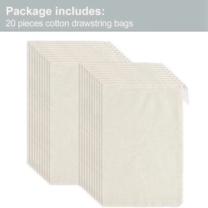 20 Pieces Large Muslin Bags Cotton Drawstring Bags,Tea Brew Bags (8 X 12 Inches)