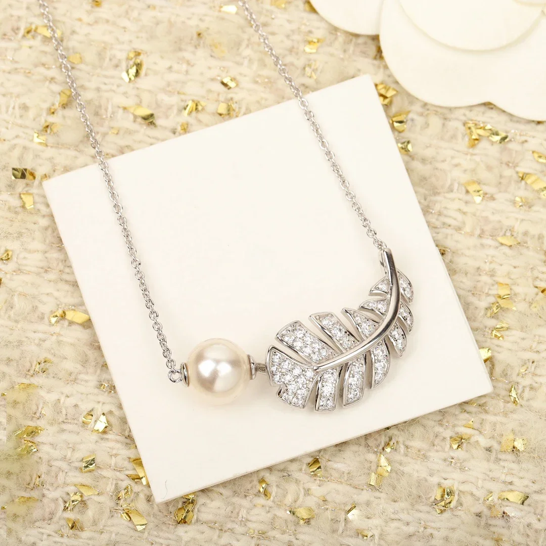 

Fine Designer Brand Crystal Pearl Leaf 925 Silver Necklace Women Top Quality Luxury Jewelry Trend