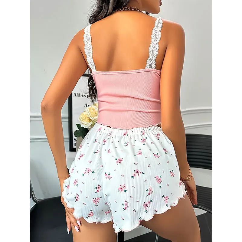 Multi-Color Best-Selling Comfortable Homewear Lace Off-the-Shoulder Fitted Tank Top And Floral Print Short Sets Women Pajama Set