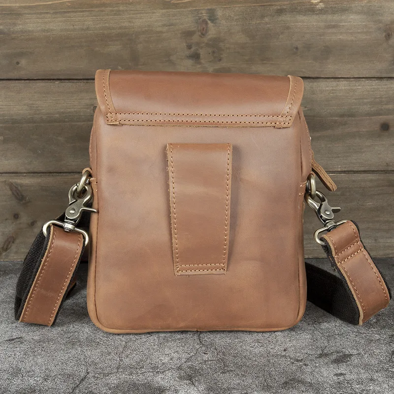 Leather men's bag - vertical style with flap - top-grain cowhide crossbody shoulder bag - retro small bag