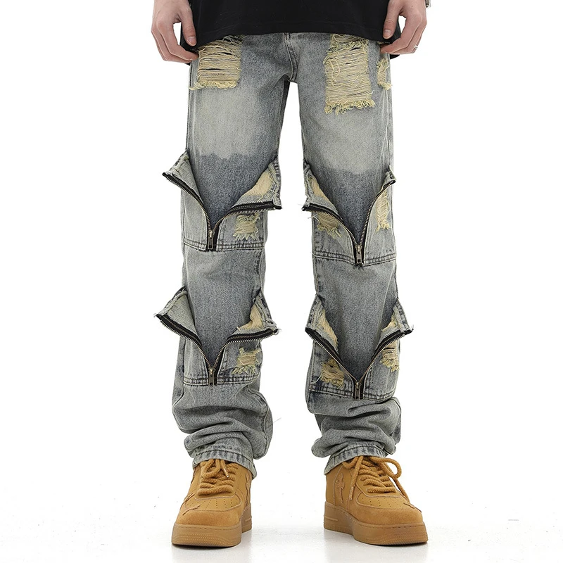 

Women Jeans Men Unisex Retro Hip Hop Punk Y2K Zipper Ripped Straight Jeans Oversized Couple Baggy Outdoor Sports Cargo Pants