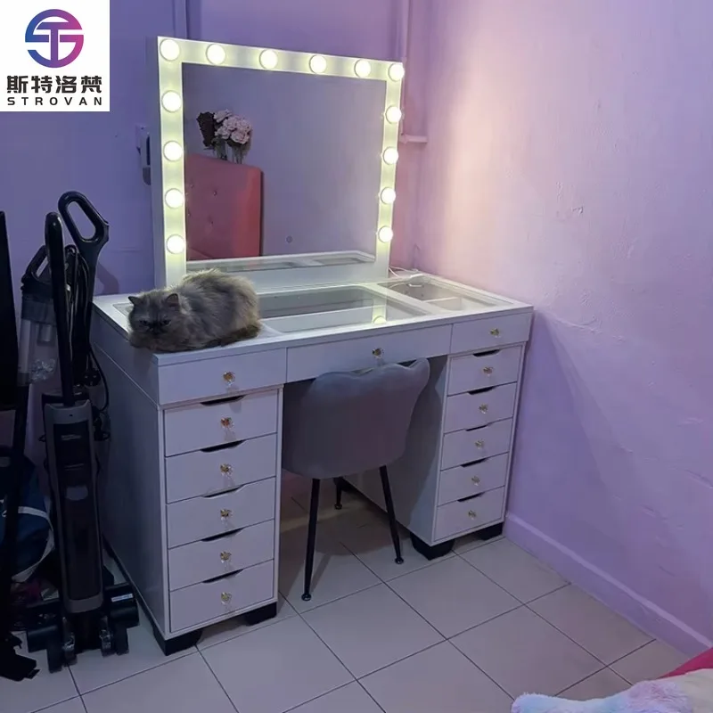 

Modern Luxury Design Furniture Bedroom Vanity with Mirror and LED Lights Transparent Glass Tabletop Makeup Dressing Table