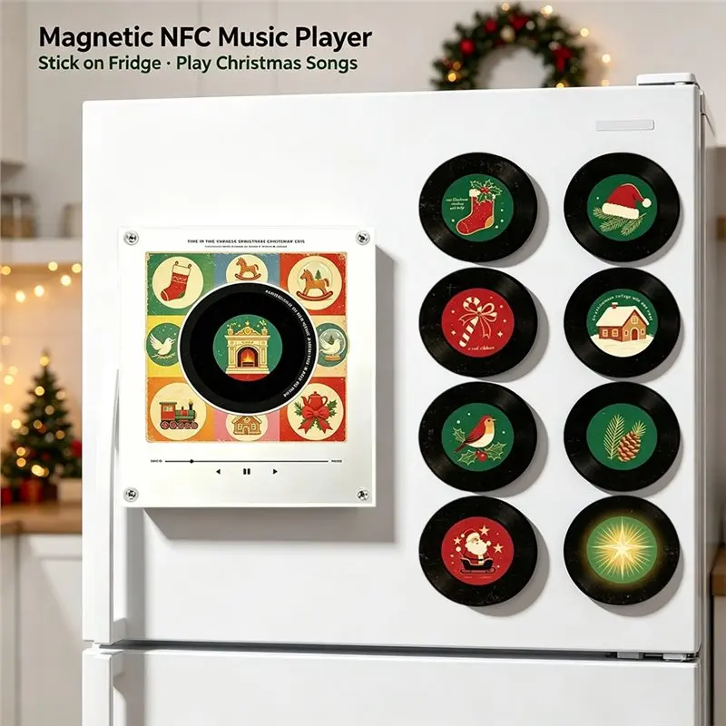 Built-In LED Touch To Play Christmas Magnetic Music Fridge Magnet Xmas Night Light Vinyl Record Player