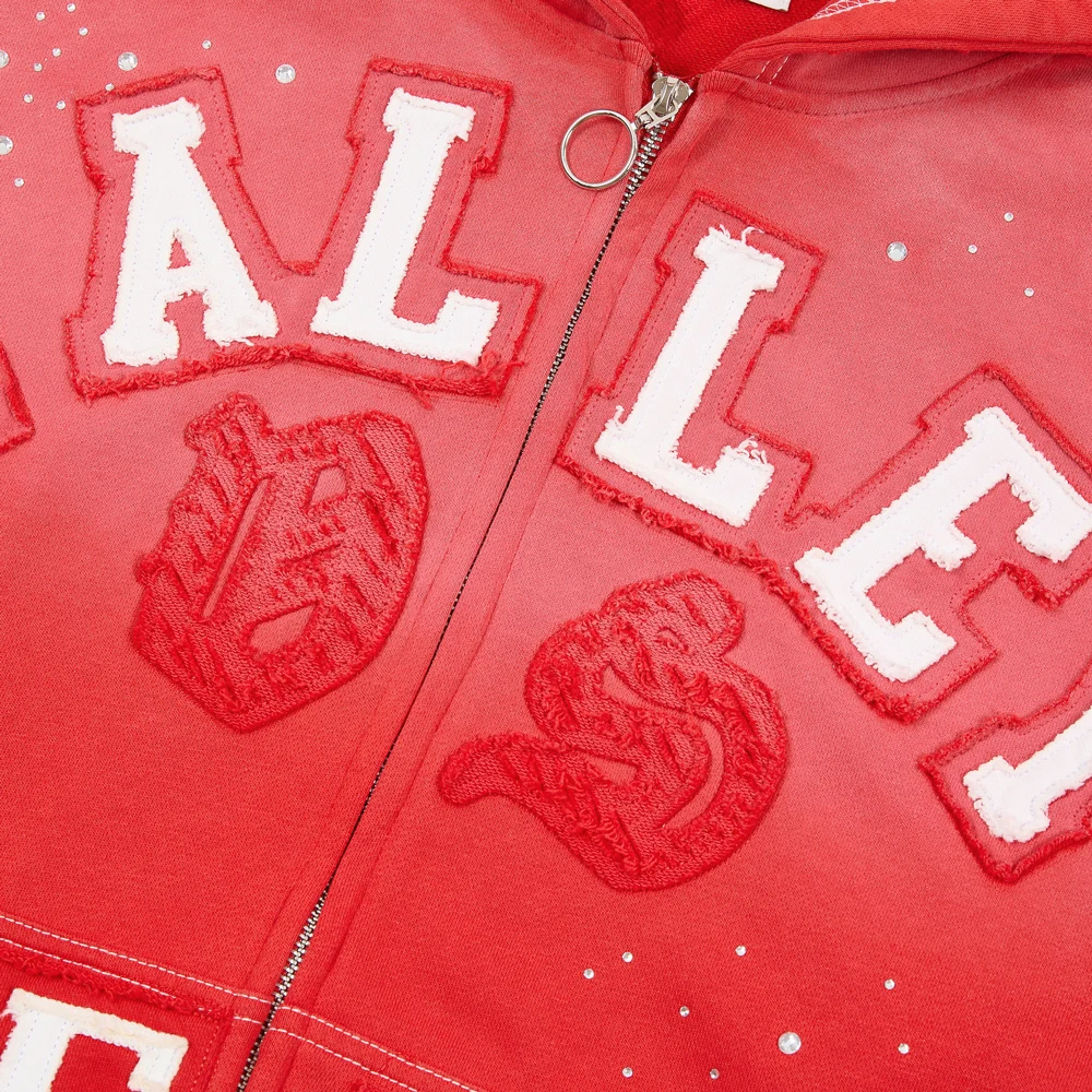Vintage Streetwear Zip Up Hoodies with Rhinestones Hip Hop Street Style Cotton Retro Distressed Casual Letter Embroidery Hoodies