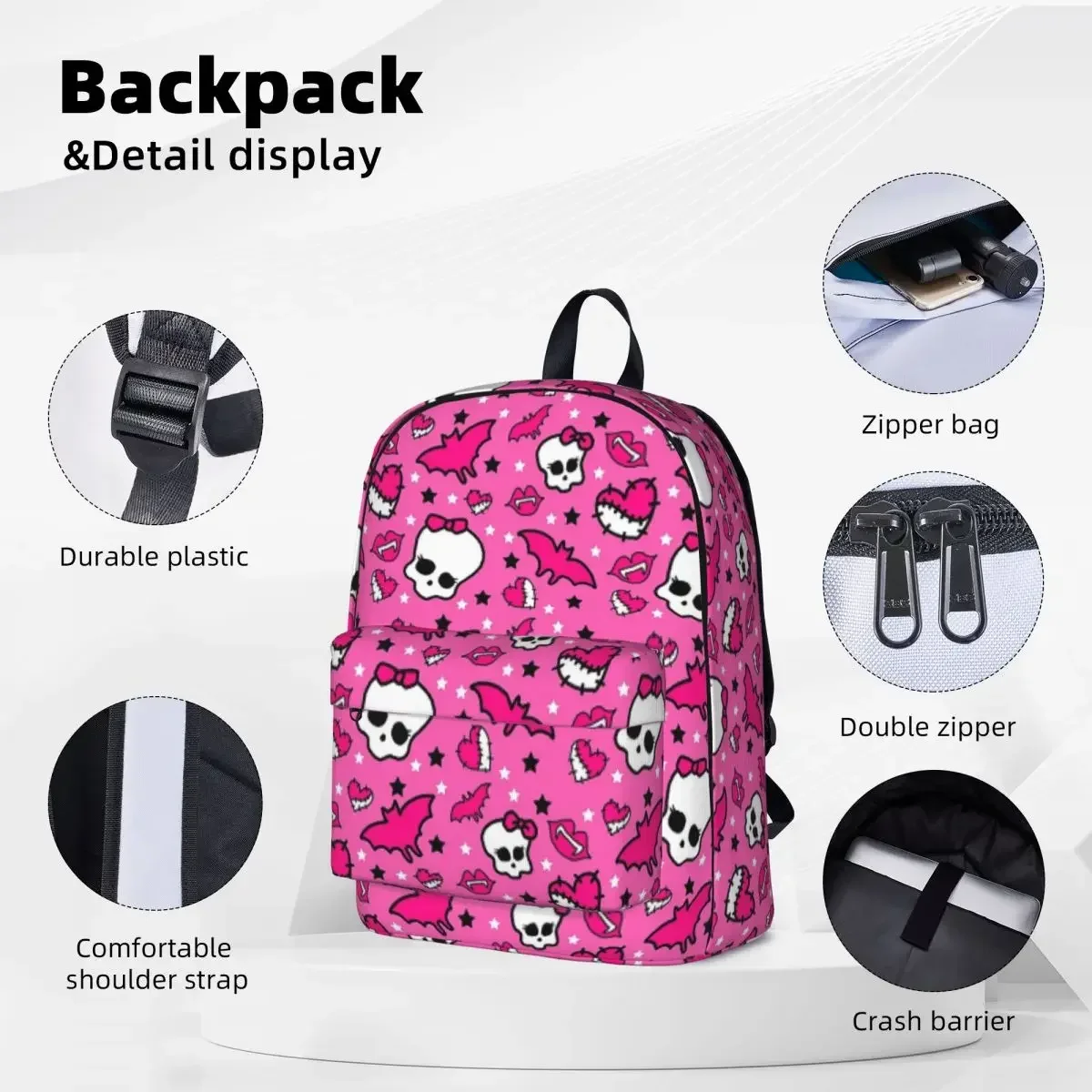 Monster High Pretty Pink Pattern Backpack Boys Girls Bookbag Students School Bags Travel Rucksack Shoulder Bag Large Capacity