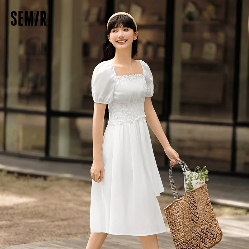 Semir Women Bubble Sleeve Waist Dress Solid Colour French Square Neck Wood Earring Irregular Dress