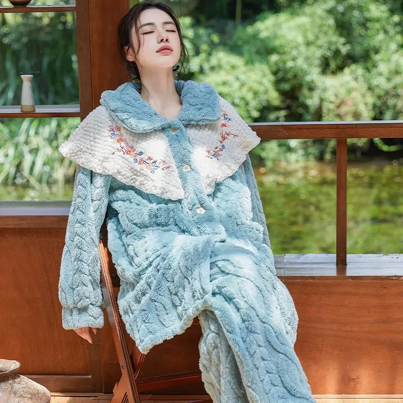 

Winter Women's Sleepwear Turn Down Collar Cardigan Pants Set Comfortable Warm Home Clothes Two-Piece Set Sweet Cute Style TS477