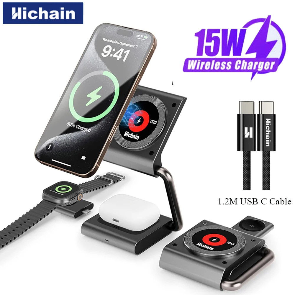 マグネット式3in1ワイヤレス充電スタンド-最大15w出力-iphone12-13-14-15-16-17シリーズ対応-イヤホン、腕時計、その他の携帯電話対応