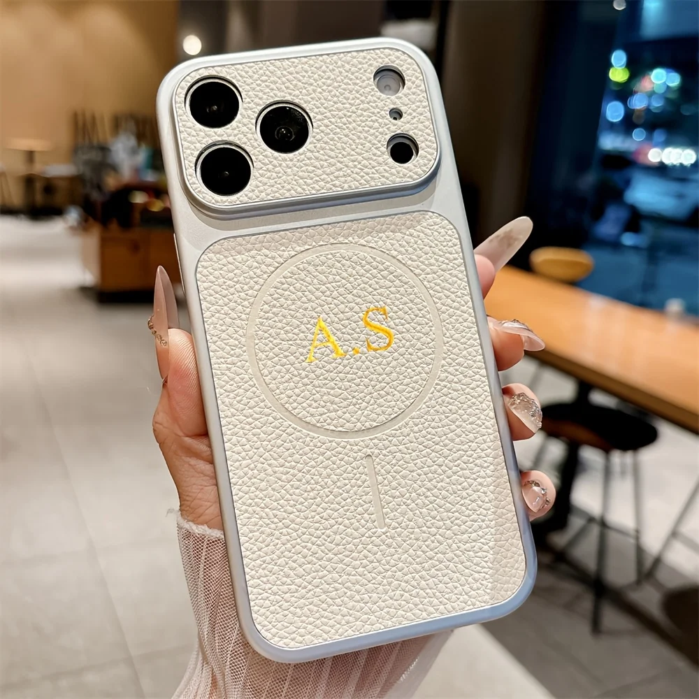 Personalisierte Hülle für iPhone 13 14 15 16 17 Pro Max Air, individuelle Initialen, Name, kabelloses Laden für Magsafe, Lederhülle – Detail 6