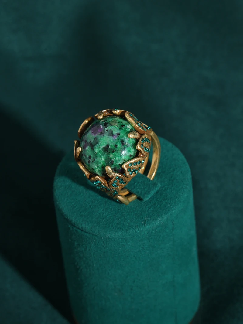 Vintage Moosgrüne Natursteinringe Goldfarben Strass-Blatt für Damen Accessoires Retro Schmuck Zweig Luxus 2026 Trendig