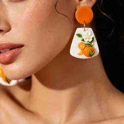 Floral Multi Shapes Dangle Citrus Fruits Ring Trendy Fashion Orange Polymer Clay Earrings Women's Spring Summer Accessory Gift