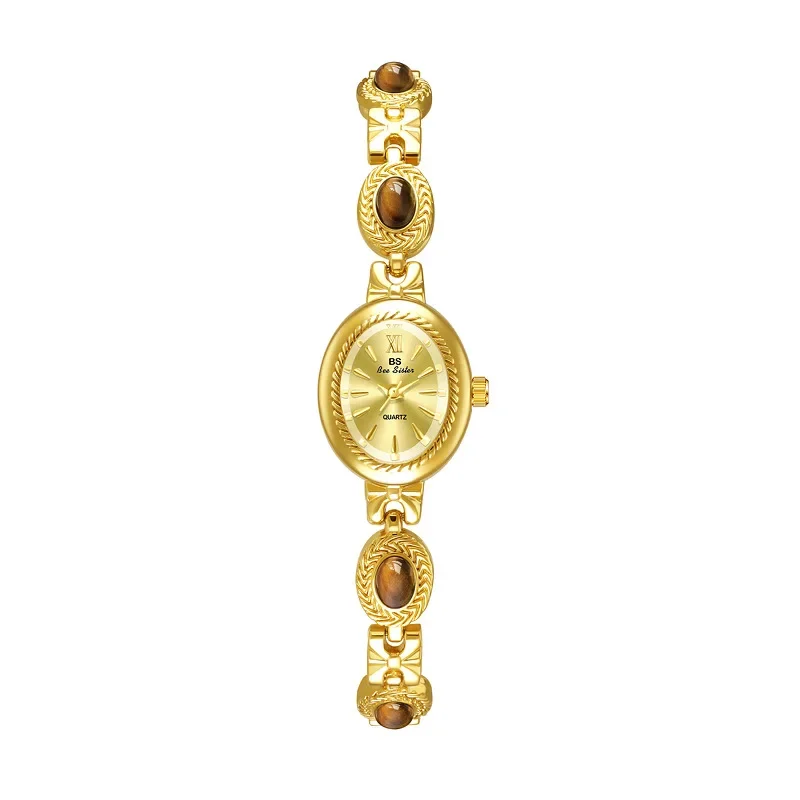 Luxury Oval Gold Women's Bracelet Watch Dress Quartz Small Dial Female Wristwatch Rhinestone Accents Elegant Gold Female Clock