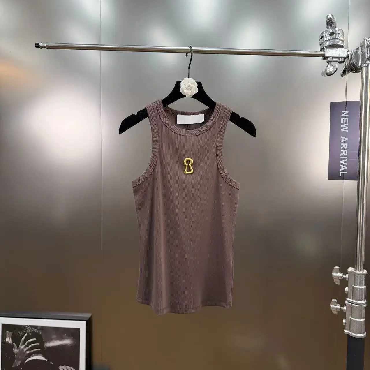 Cotton Tight Fitting Versatile Tanks Camisole Top Women's Round Neck Sleeveless Metal Decorative Thread Early Spring and Summer