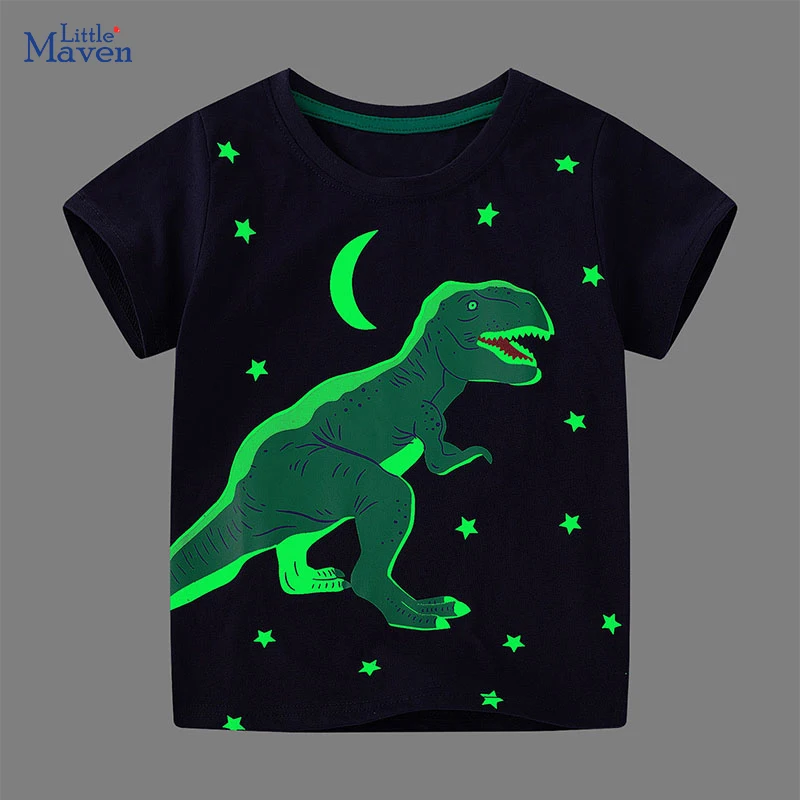 Little Maven 2025, neue Kinderkleidung, Sommer-Kinderkleidung, Baby-Jungen-T-Shirts, leuchtende Cartoon-Dinosaurier, Baumwolle, Tops, T-Shirts