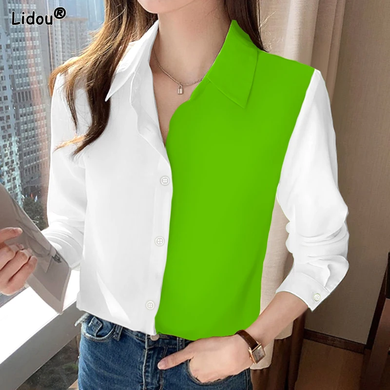 

Comfortable Trend Turn-down Collar Slim Tops Casual Shirts Spring Summer Patchwork Color Women's Clothing 2023