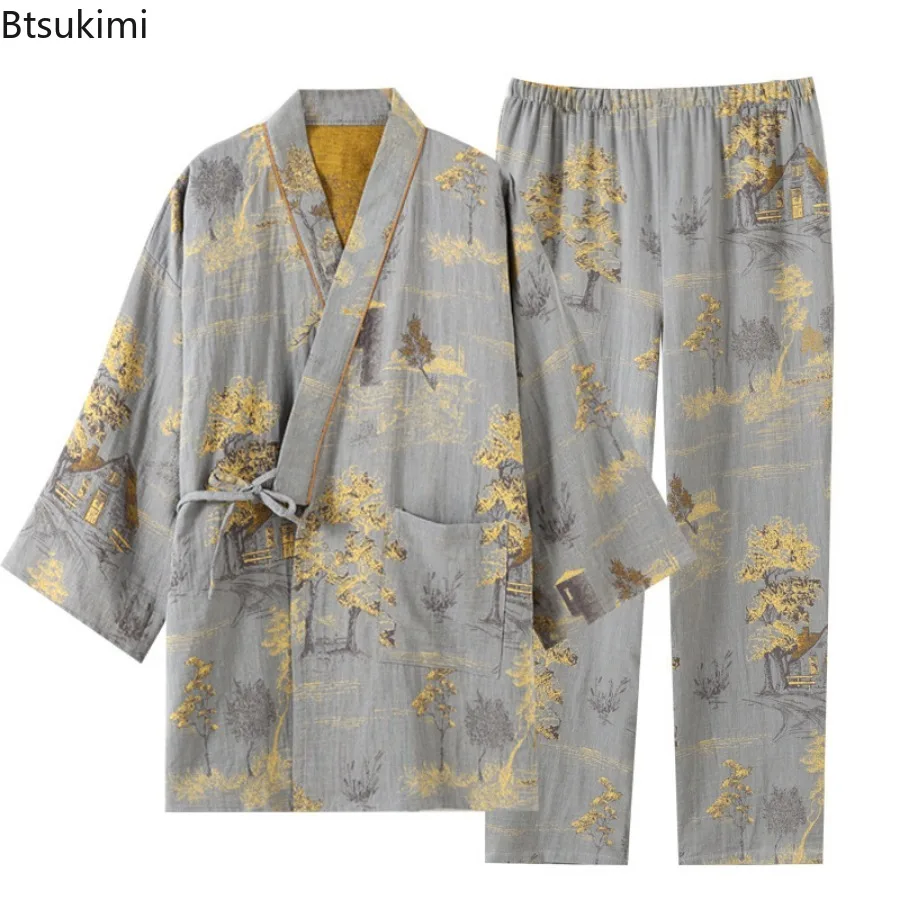 Men's Roomwear Cotton Kimono Pajamas Robes for Spring Jacquard Printed Home Clothing Medium Length Oversized Breathable Bathrobe