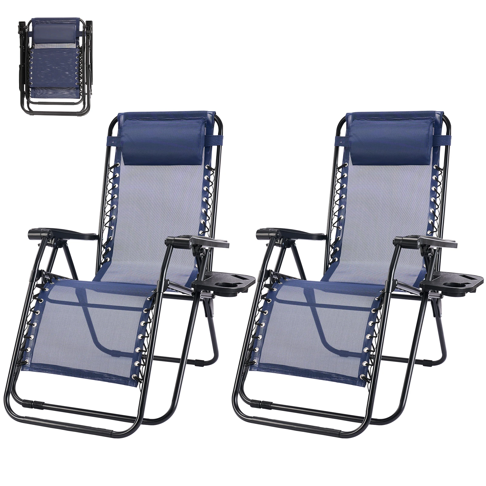 MCQ Outdoor Zero Gravity Chairs Set of 2 Folding Recliner Beach Camping Patio Lounge Chair with Cup Holder and Adjustable Pillow