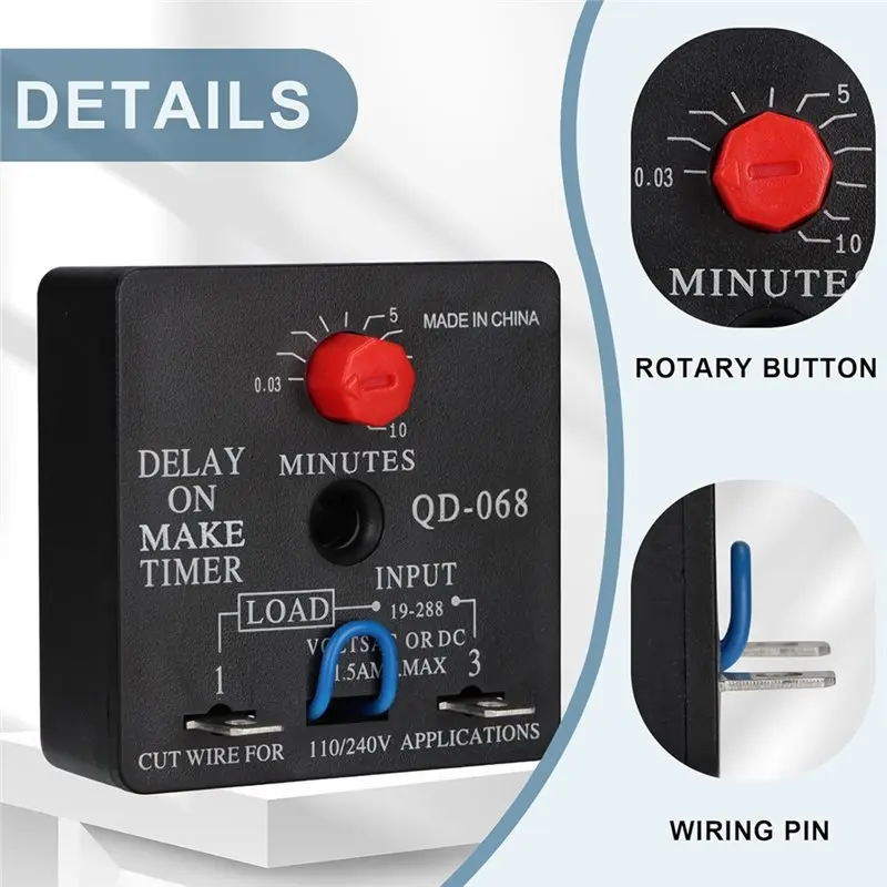 【RECOMENDAR】 تأخير قابل للتعديل على مؤقت المكياج، قطعتان QD-068، 0.03 إلى 10 دقائق، 19-288 فولت تيار متردد أو تيار مستمر