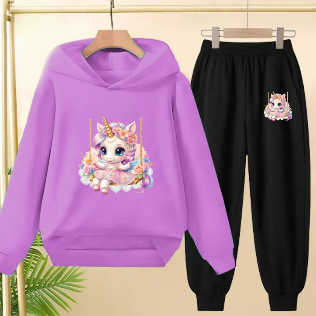 

Girls Boys Unicorn Print Hoodie set 3-12Year Kids Fashion Sweatshirt And Sweatpants Cartoon Anime Comfortable Autumn/Winter Set