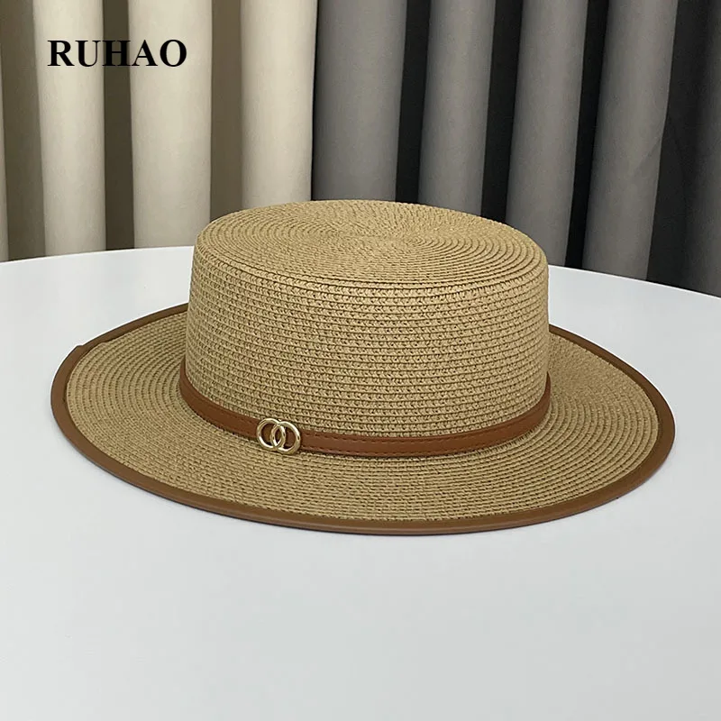 

Hats For Women Beach Belt Buckle Flat Top straw hat women's beach sunshade hat British trendy straw hat summer bonnet visor hat