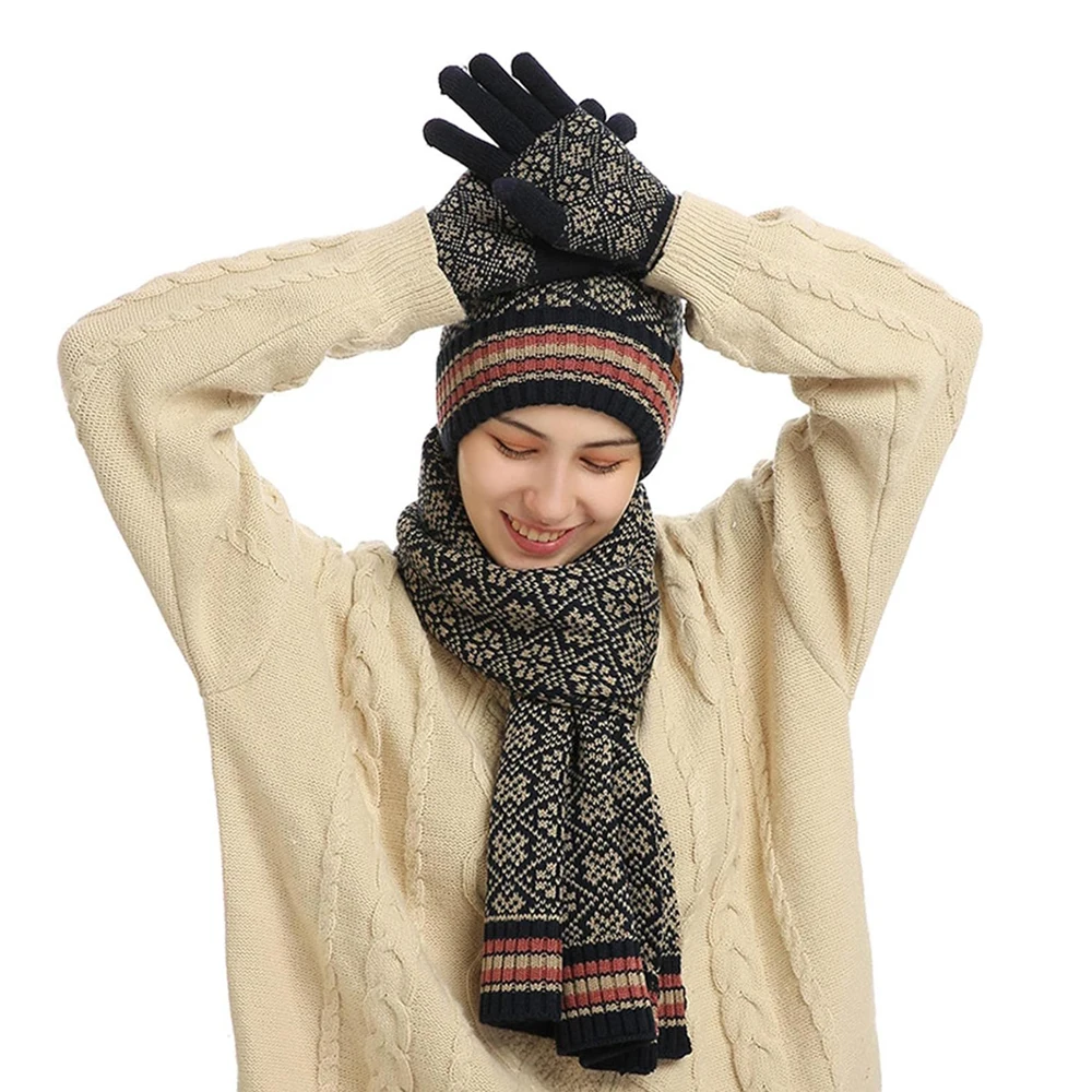 Winter 3 in 1 Hat Scarf Glove Set Warm Accessories Set Fleece Lined Knitting Beanie Scarf Touch Screen Gloves Set for Women Men