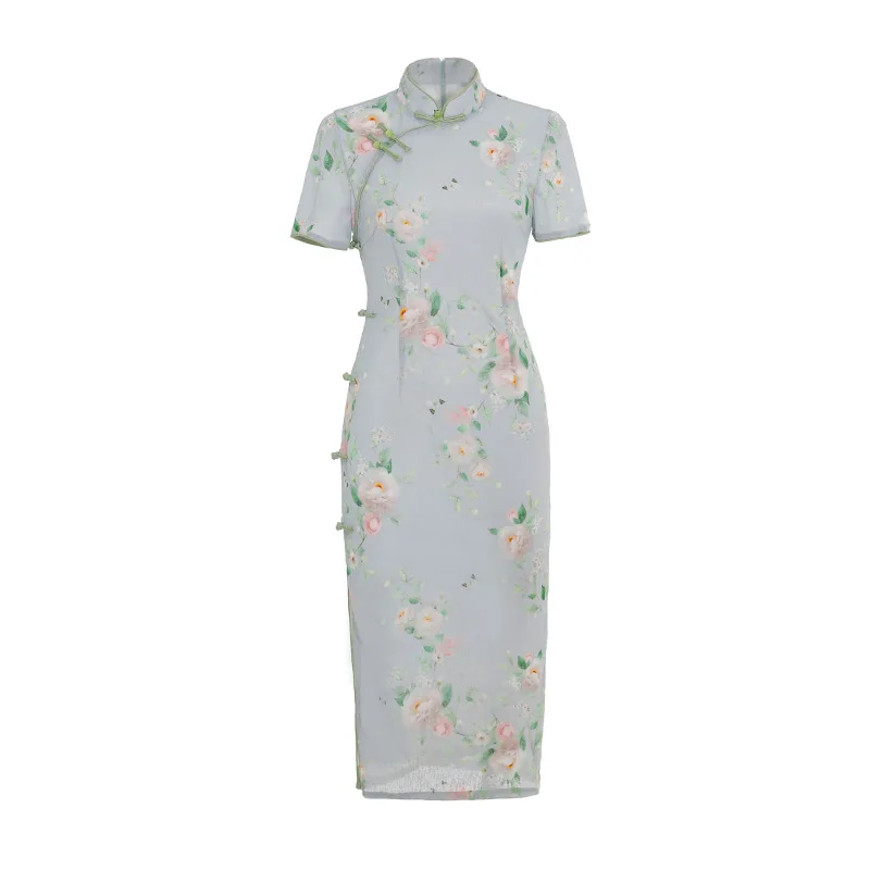 Flowers Print Grayish Blue Plain Qipao Lace Mid Length Cheongsam Stand Collar Short Sleeve Side Slit Slim Fit Dress for Women