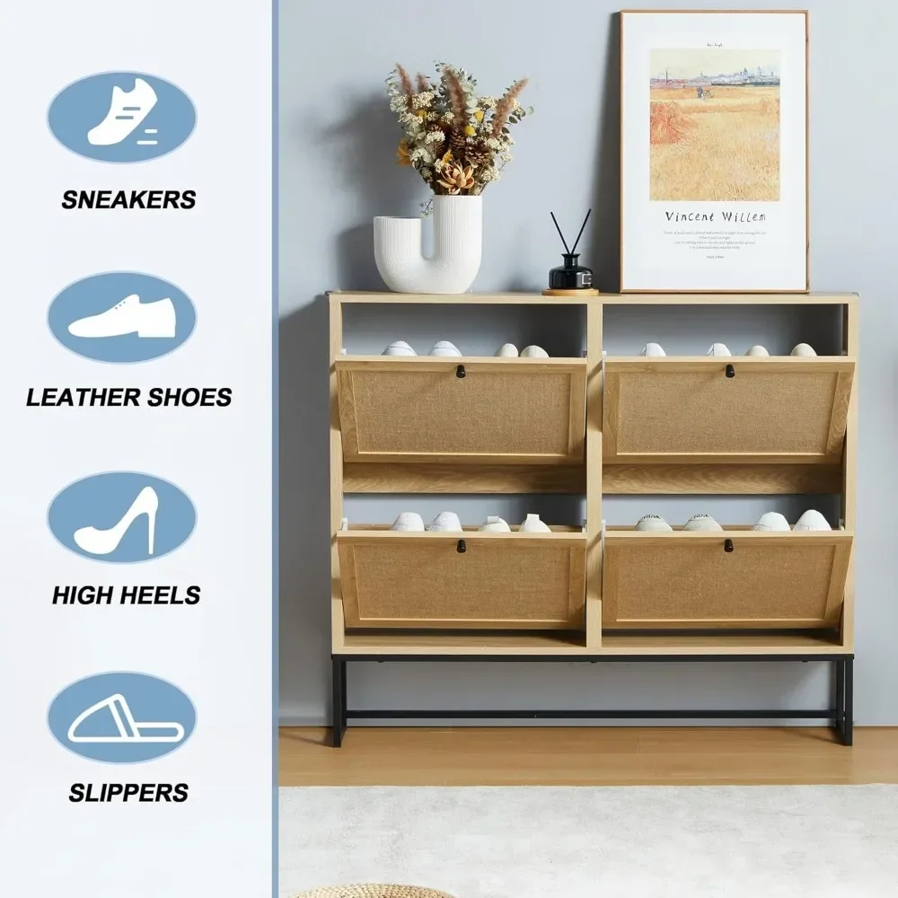 Shoe Storage Cabinet with 4 Flax Flip Drawers and Mental Legs,Shoe Rack Free Standing Shoe Organizer for Entryway, Living Room