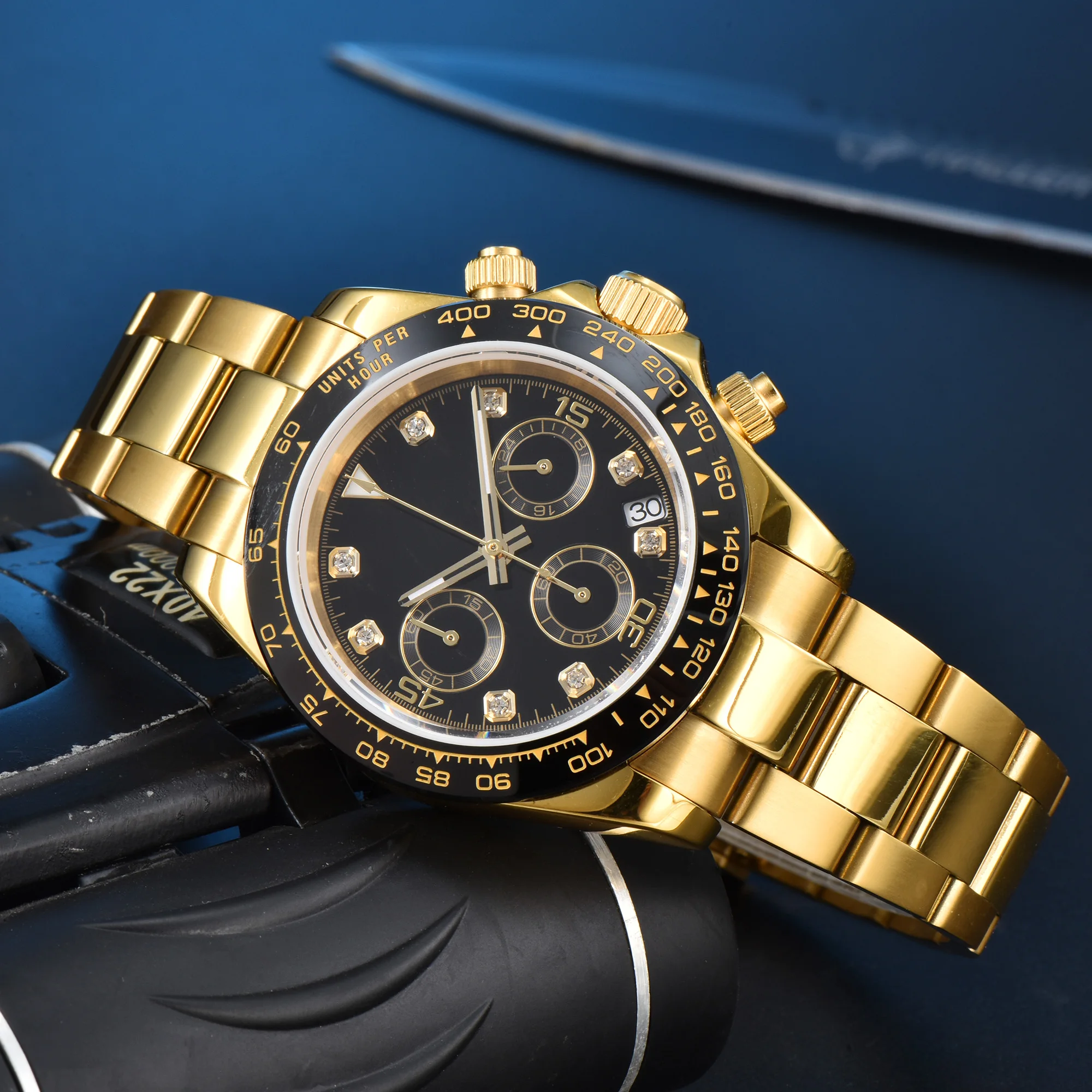 Reloj de cuarzo para hombre con cristal de zafiro multifuncional, esfera estéril personalizada de 40mm, cronógrafo con caja dorada, pulsera de acero inoxidable