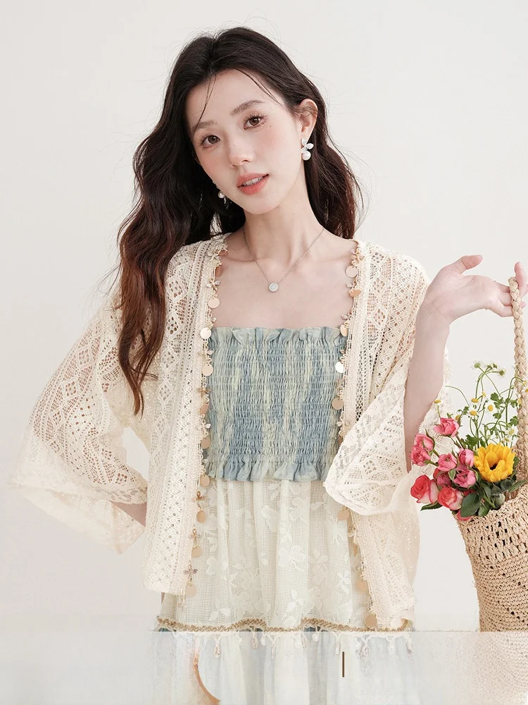 

Wooden Easy Lace Hollow out Short Sleeve Women's Cardigan Outerwear Summer New Style Thin Coat Vintage Artistic Loose Fit